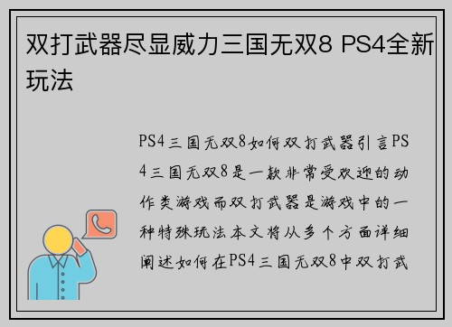 双打武器尽显威力三国无双8 PS4全新玩法