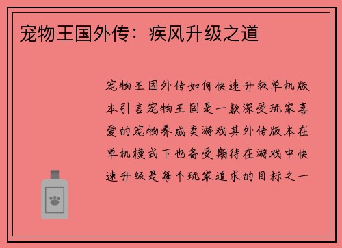 宠物王国外传：疾风升级之道