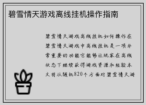 碧雪情天游戏离线挂机操作指南
